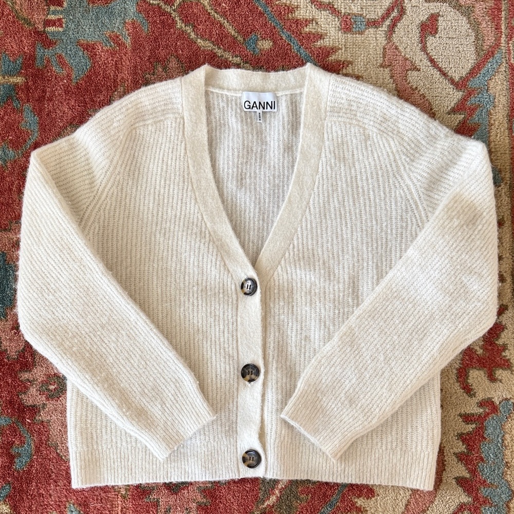 Ganni Cream V-neck Button-Up Alpaca Cardigan Sweater